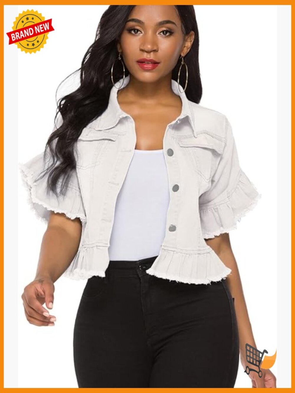 Women's Distressed Denim Jacket Crop Ruffle Sleeve Button Down